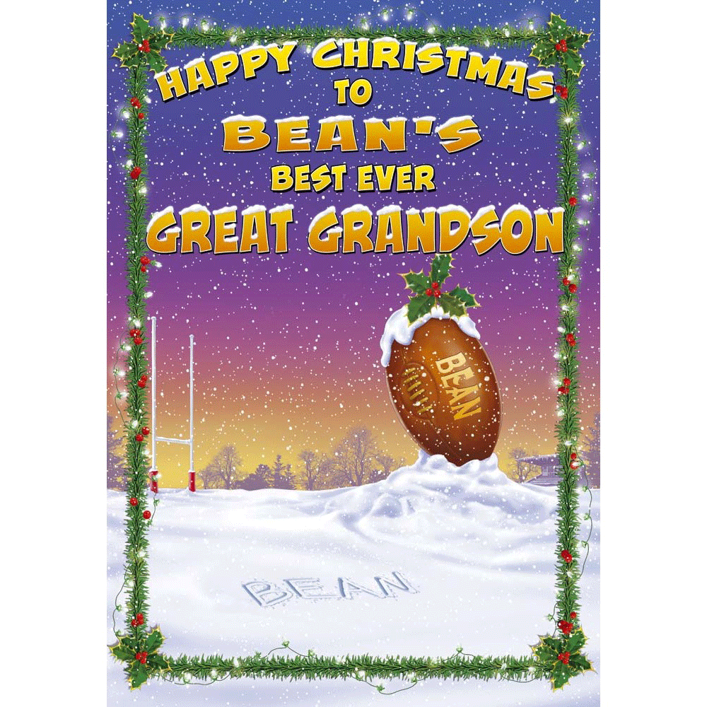 front of card showing a selection of different personalisations of this cartoon christmas card for a great grandson