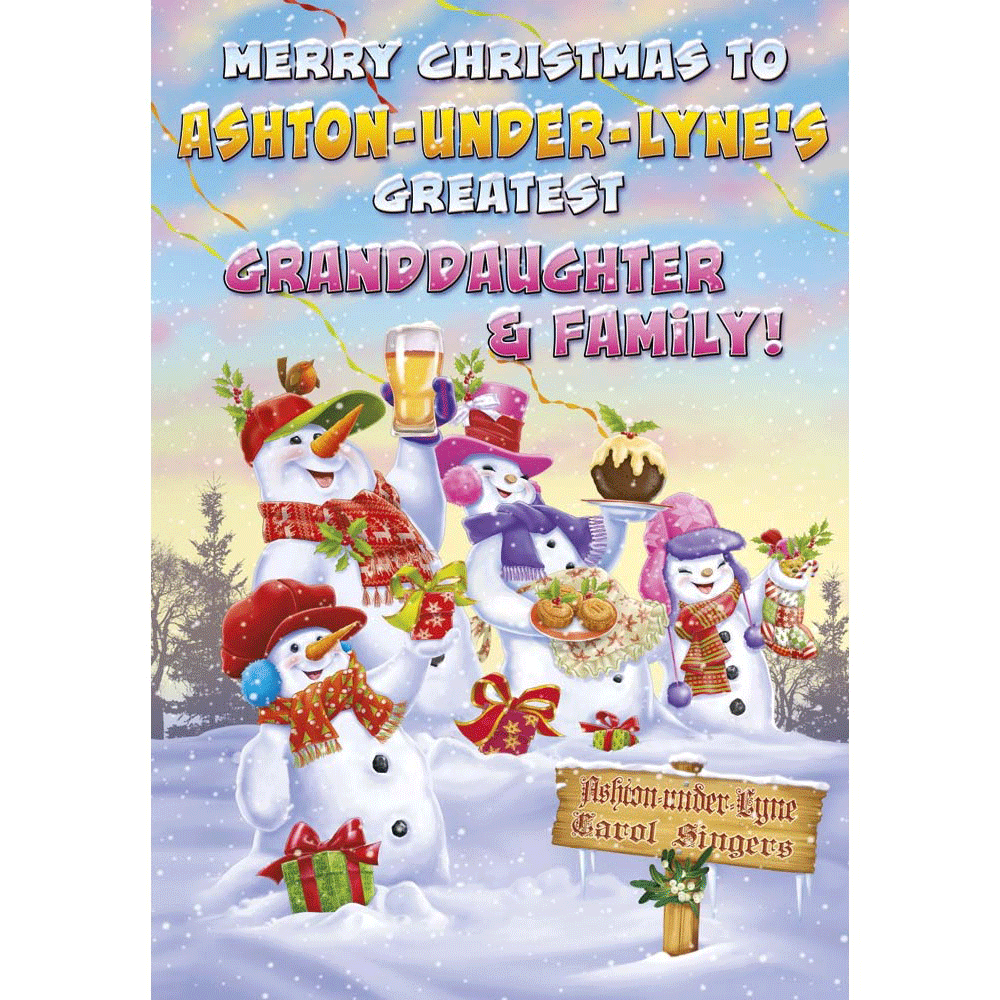 front of card showing a selection of different personalisations of this cartoon christmas card for a gdaughter and family
