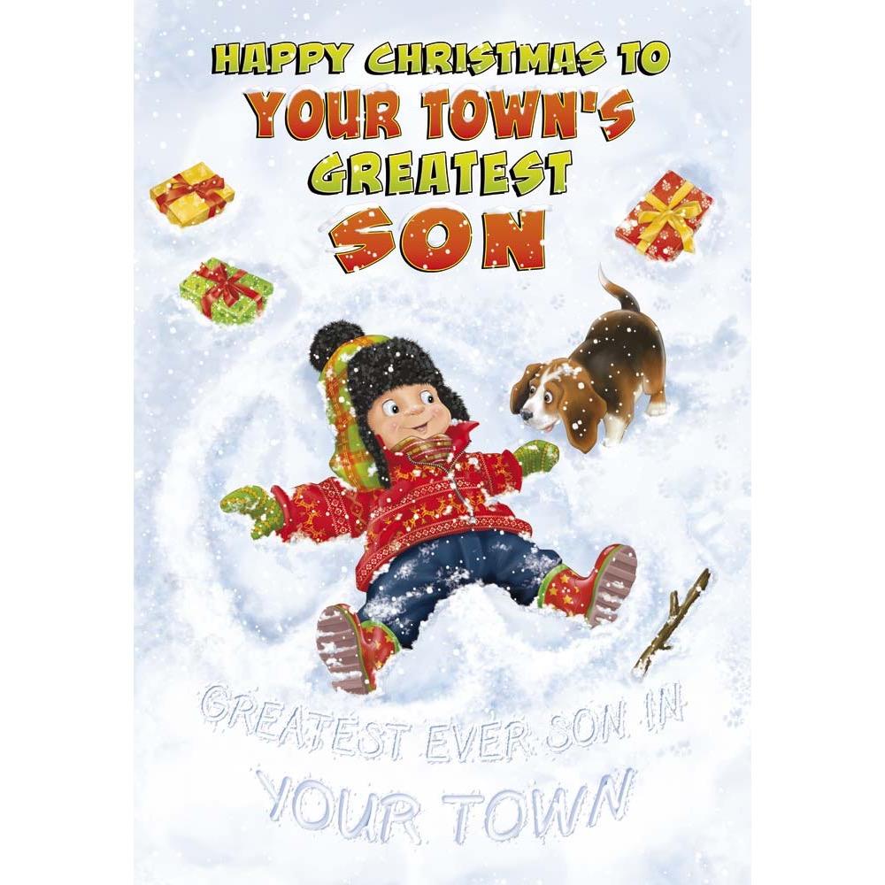 funny christmas card for a son with a colourful cartoon illustration