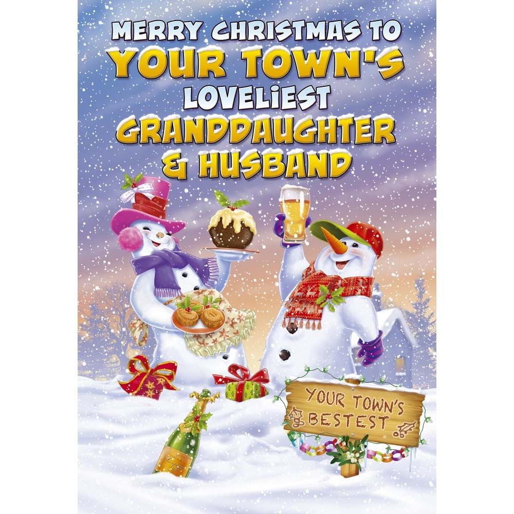 funny christmas card for a gdaughter and husband with a colourful cartoon illustration