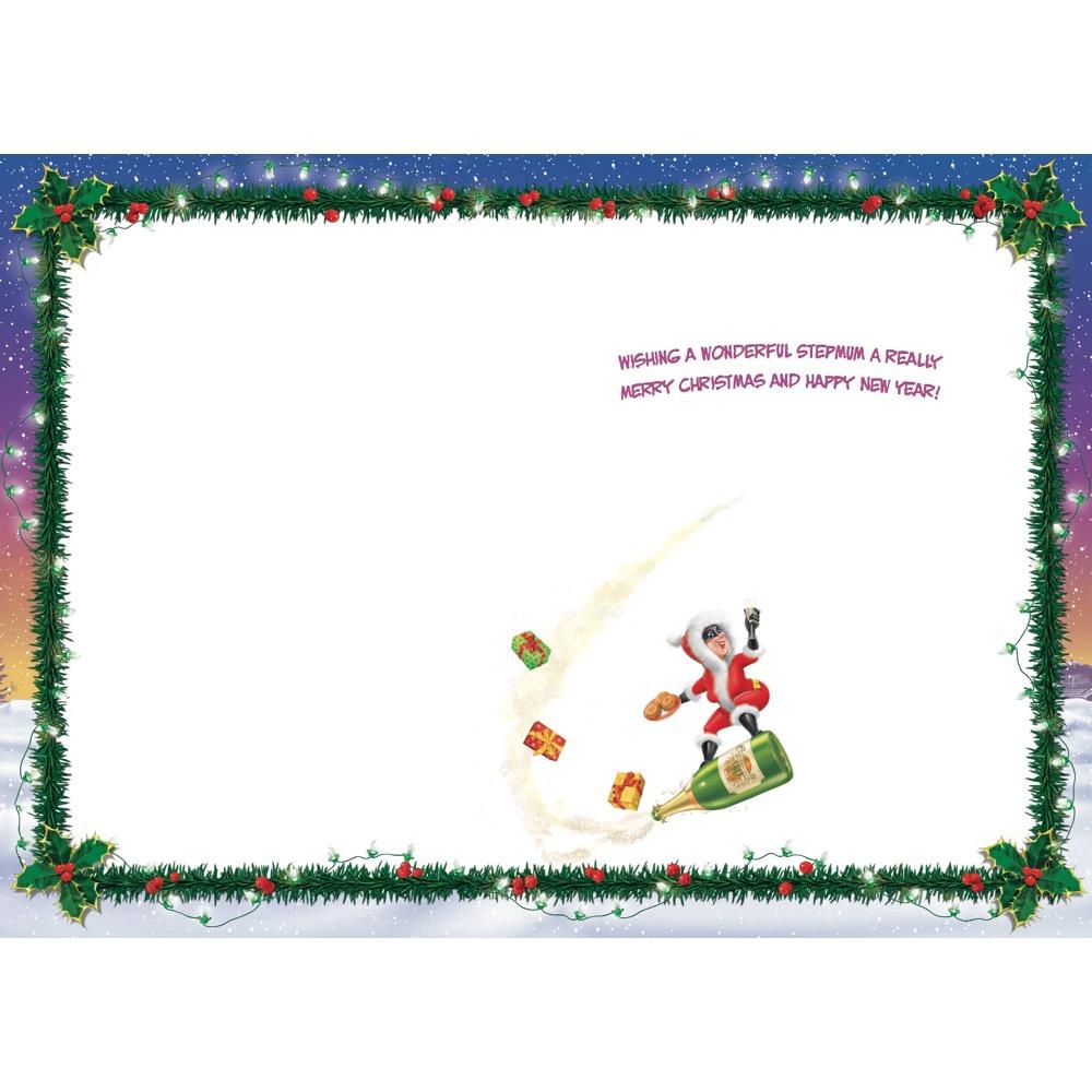 inside full colour cartoon illustration of christmas card for a stepmum