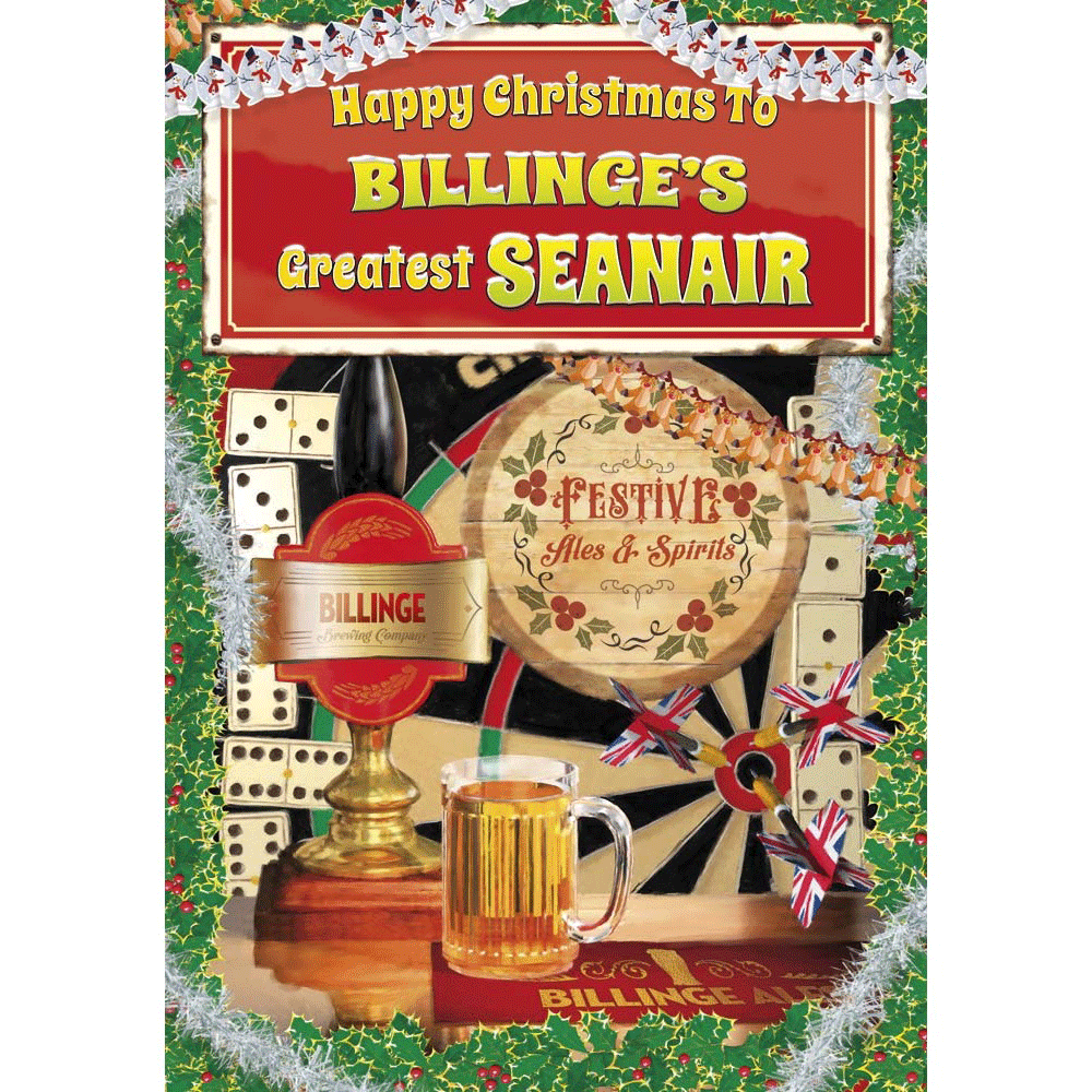 front of card showing a selection of different personalisations of this cartoon christmas card for a seanair