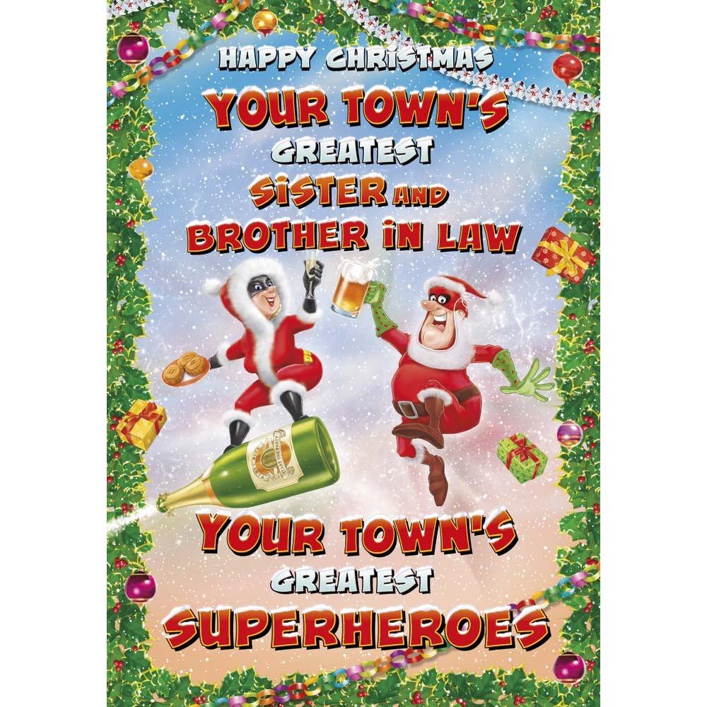 funny christmas card for a sister and brother in law with a colourful cartoon illustration
