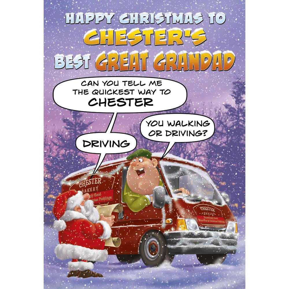 front of card showing a selection of different personalisations of this cartoon christmas card for a great grandad