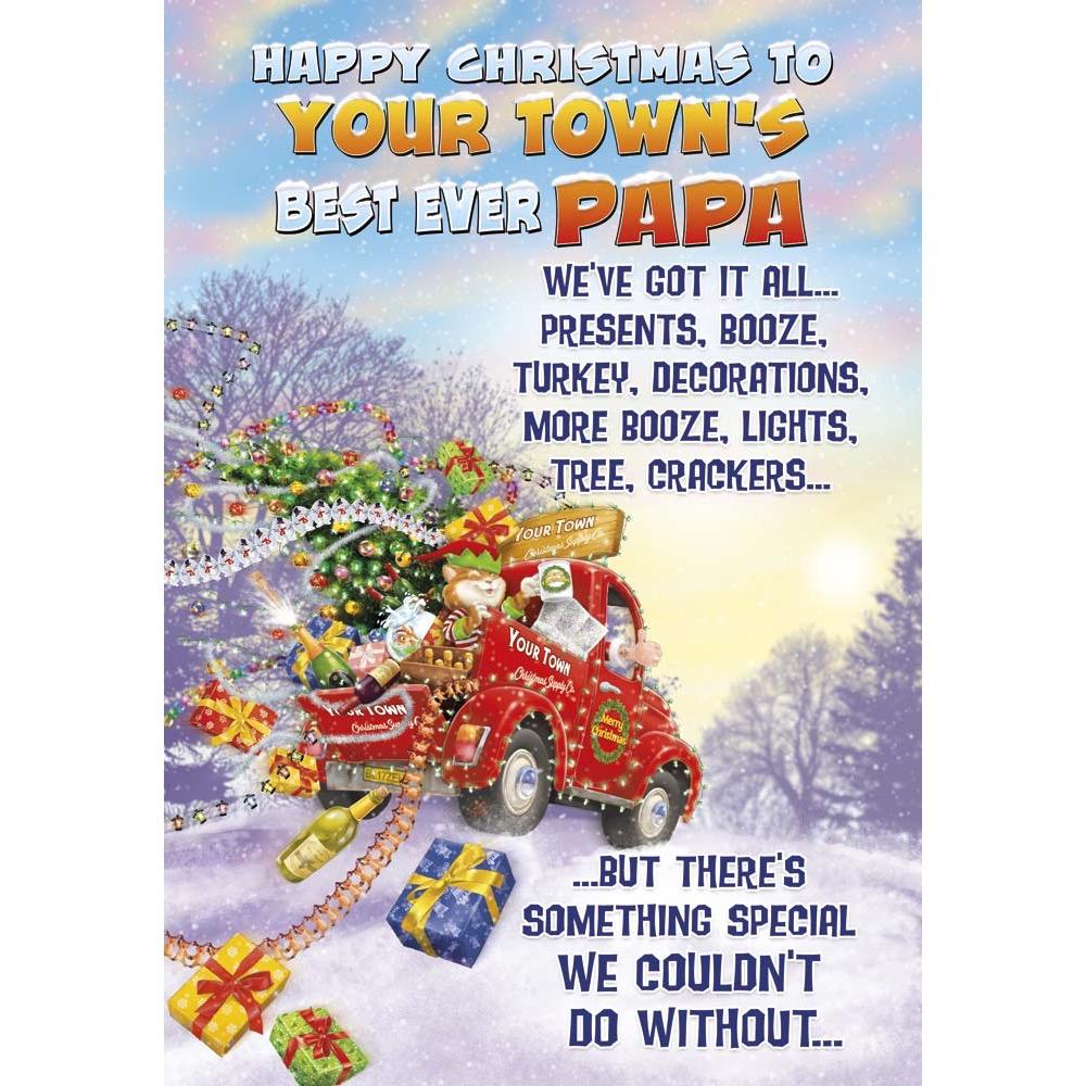 funny christmas card for a papa with a colourful cartoon illustration