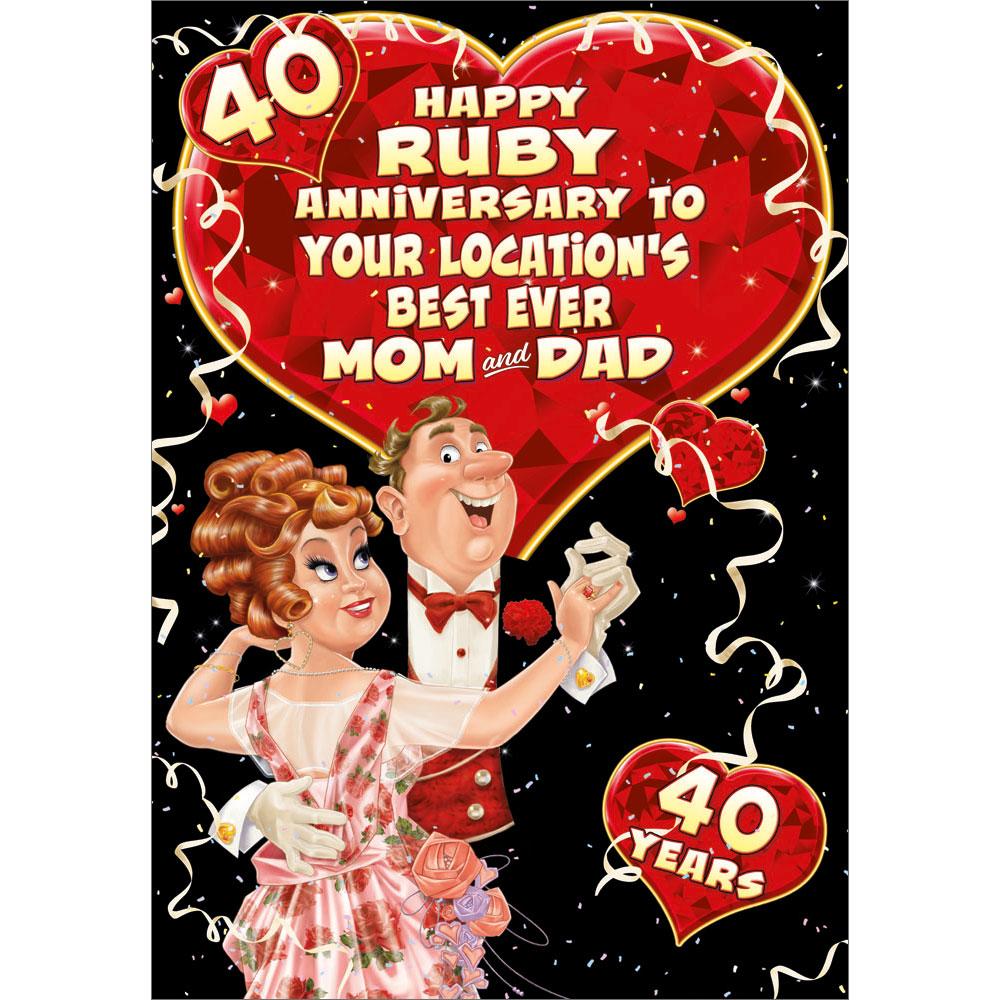 40th (ruby) anniversary greeting card featuring humour illustration for a mom and dad from the up your street range