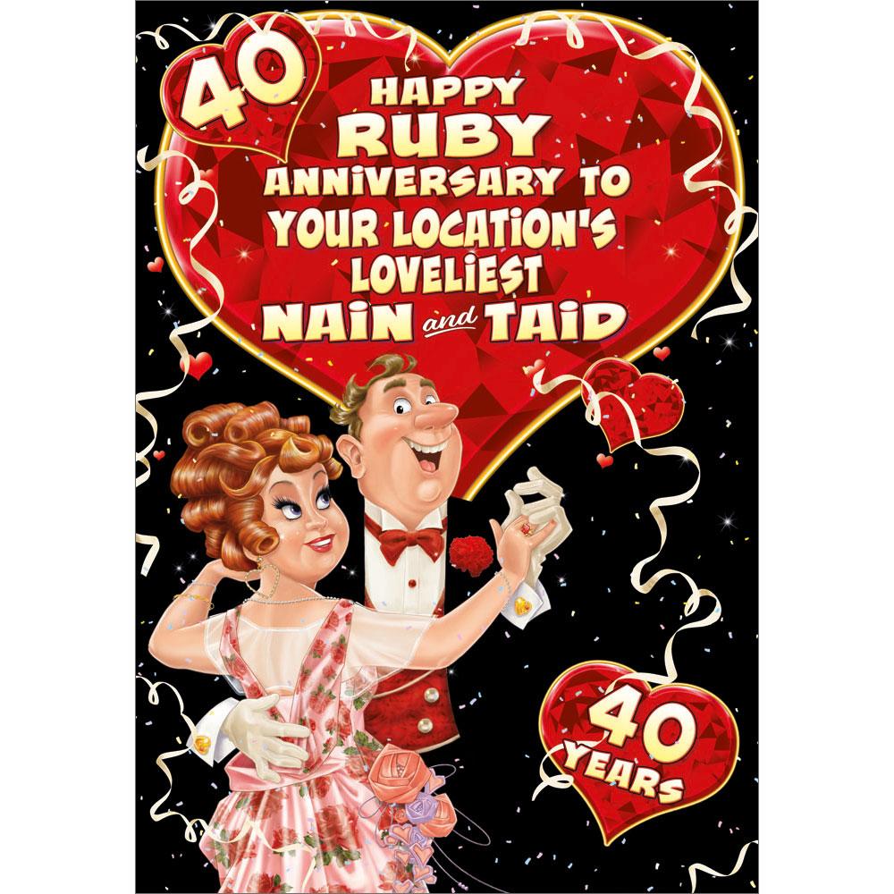 40th (ruby) anniversary greeting card featuring humour illustration for a nain and taid from the up your street range