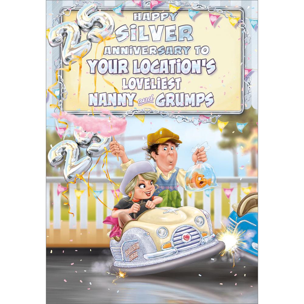 25th (silver) anniversary greeting card featuring humour illustration for a nanny and grumps from the up your street range
