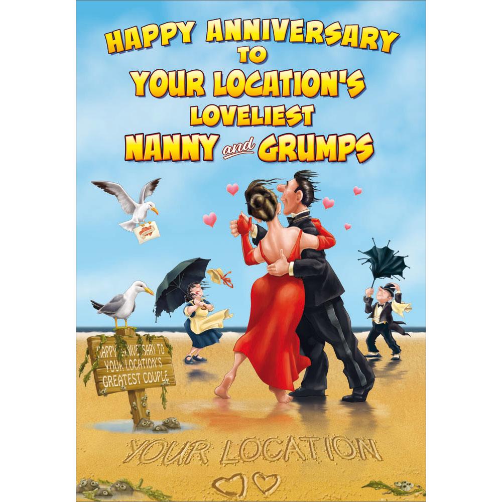 anniversary greeting card featuring humour illustration for a nanny and grumps from the up your street range