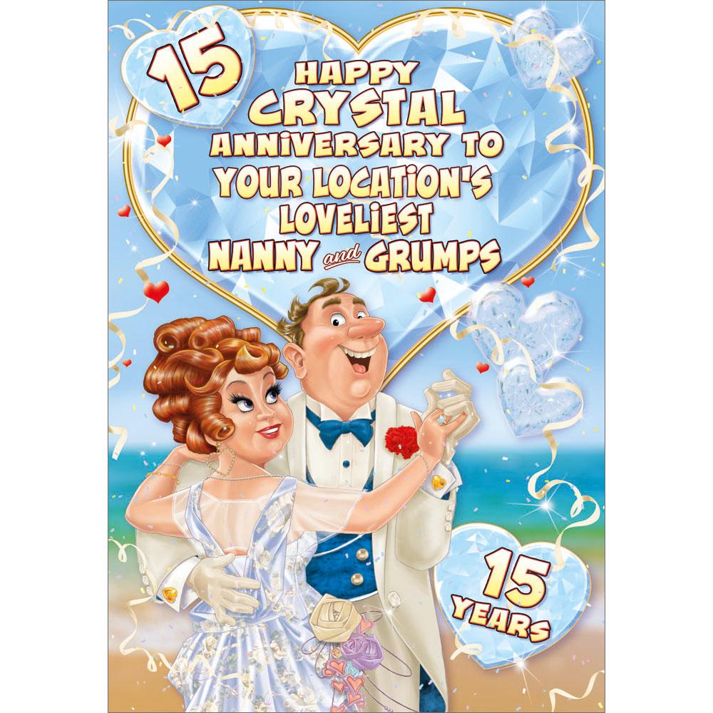 15th (crystal) anniversary greeting card featuring humour illustration for a nanny and grumps from the up your street range