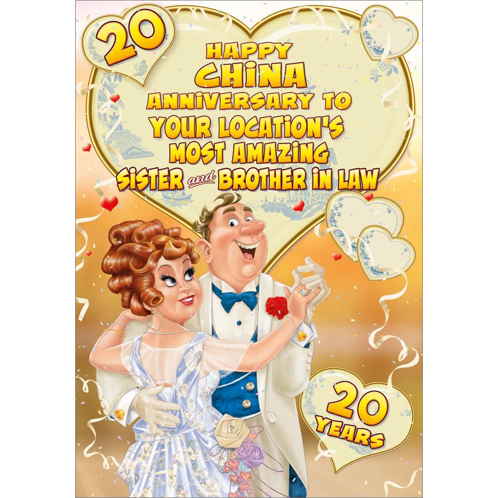 20th (china) anniversary greeting card featuring humour illustration for a sister and brother in law from the up your street range