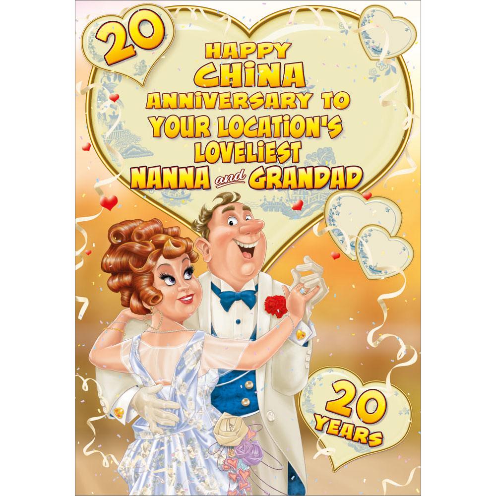 20th (china) anniversary greeting card featuring humour illustration for a nanna and grandad from the up your street range