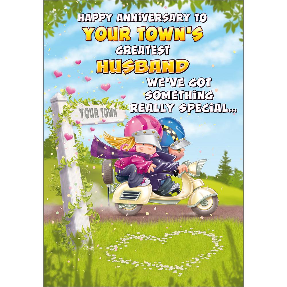 anniversary greeting card featuring humour illustration for a husband from the up your street range