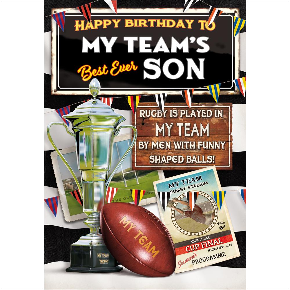 J105-CC Black & White Hoops Vintage Rugby : Personalised Birthday Card for a Son. J105-Cc Black & White Hoops Vintage Rugby : Personalised Birthday Card For A Son.