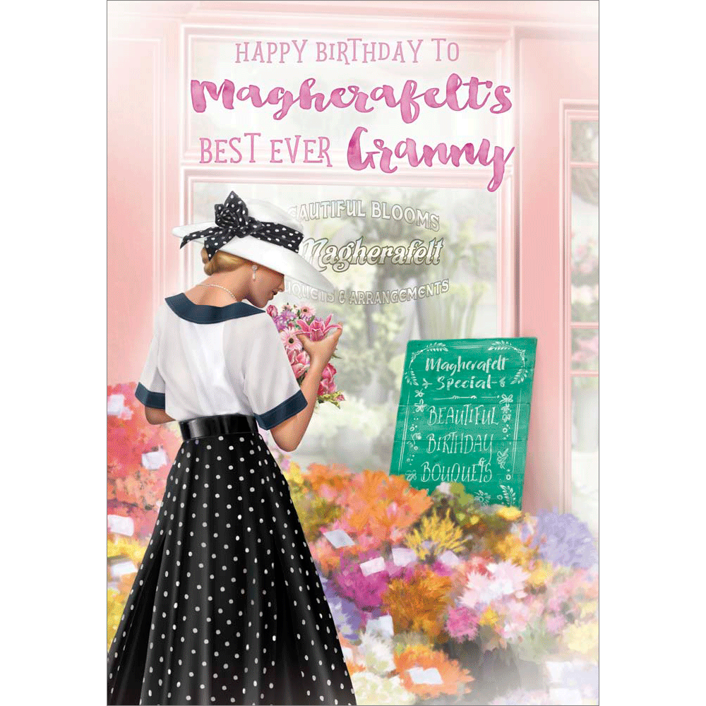 front of card showing a selection of different personalisations of this contemporary birthday card for a granny