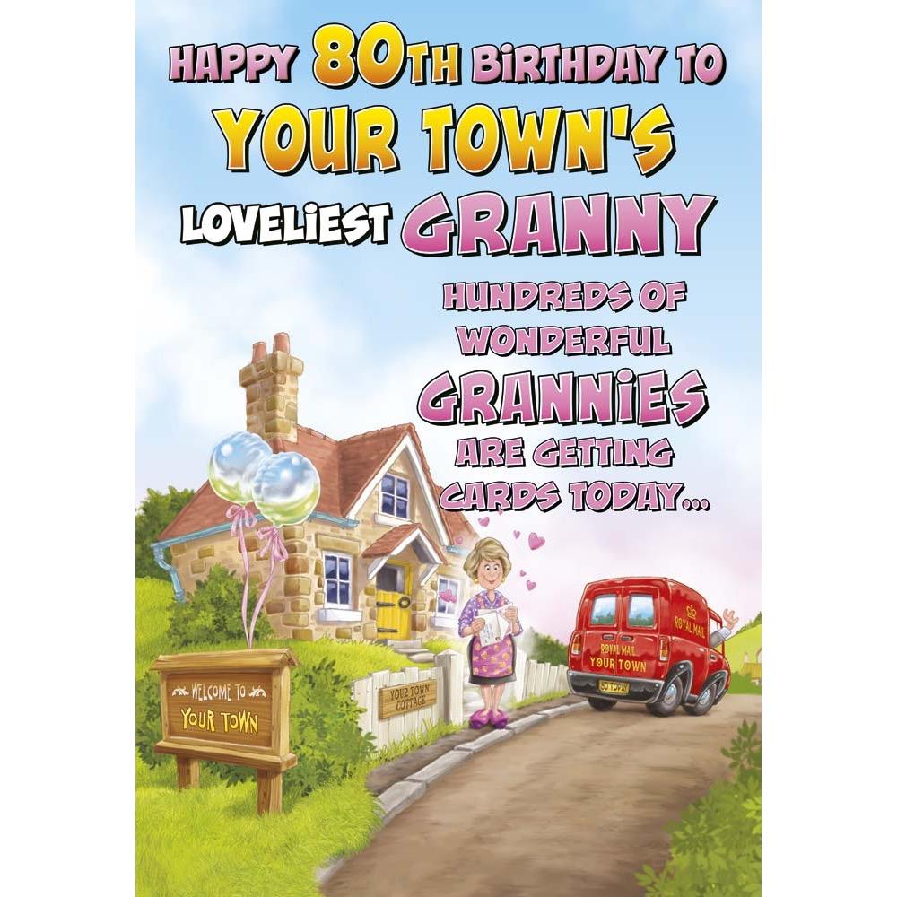 funny age 80 card for a granny with a colourful cartoon illustration