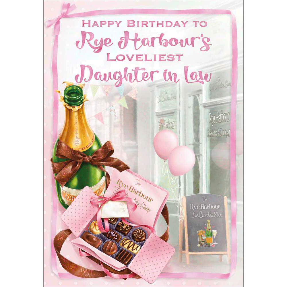 front of card showing a selection of different personalisations of this contemporary birthday card for a daughter in law