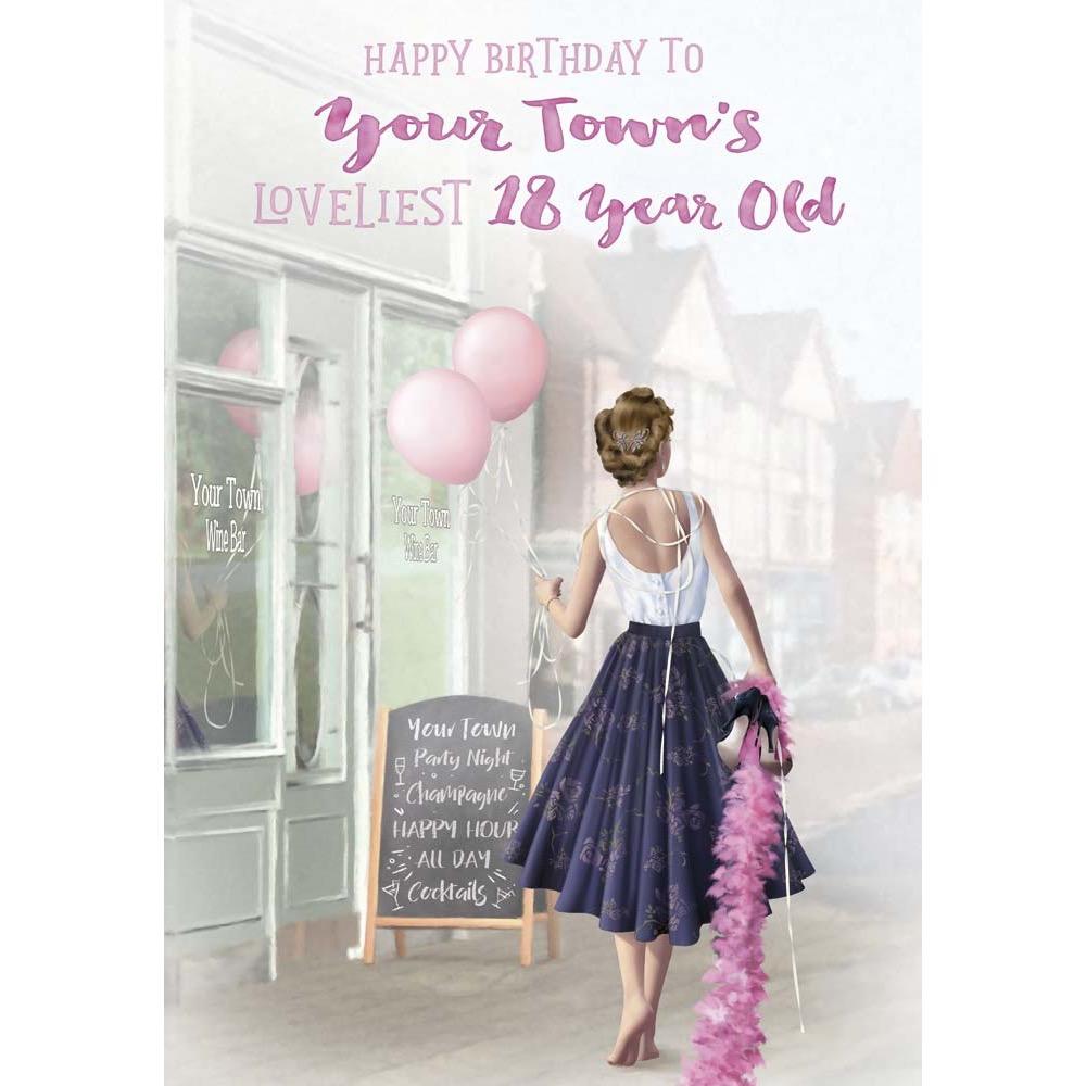 classic age 18 card for a female with a colourful realistic illustration