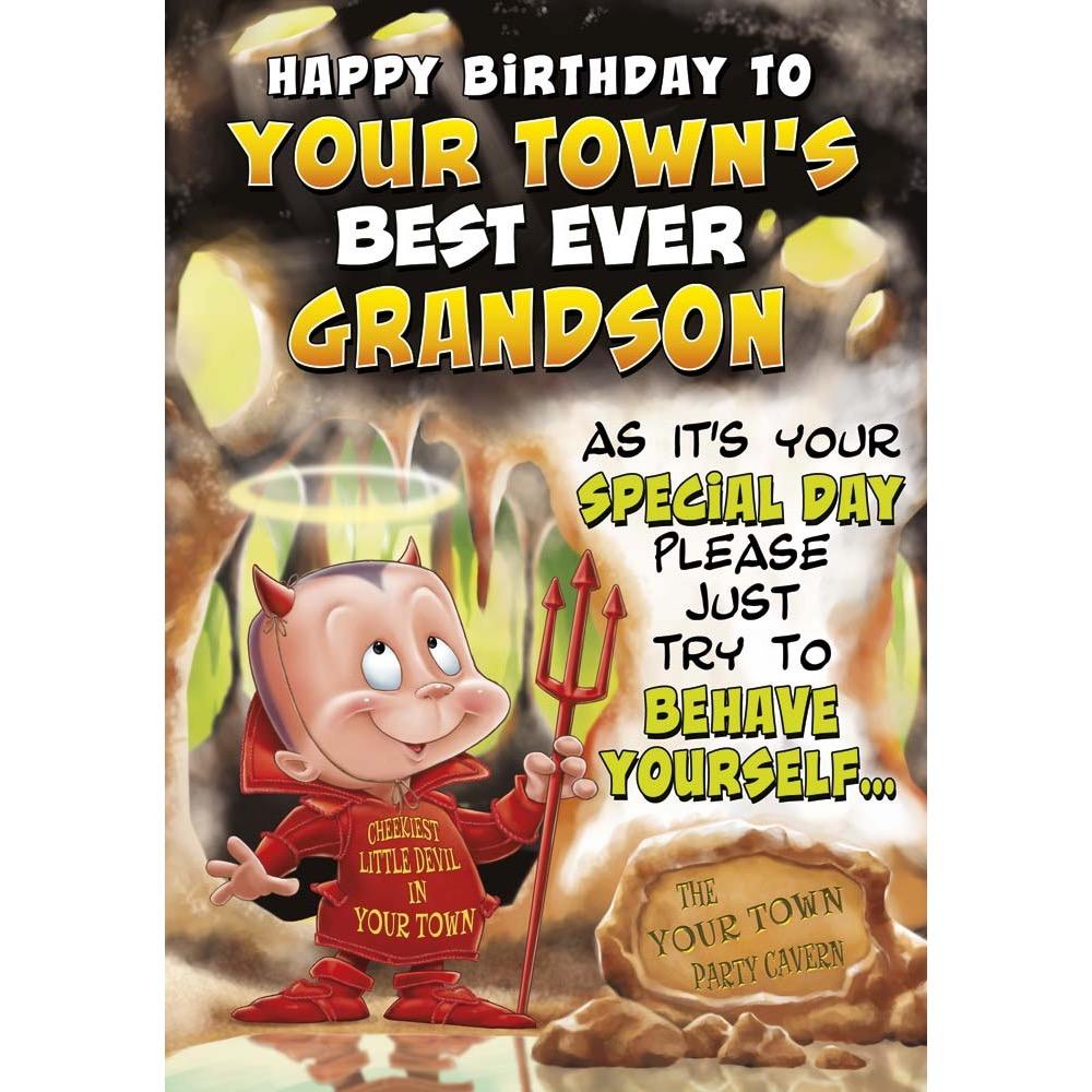 funny birthday card for a grandson with a colourful cartoon illustration