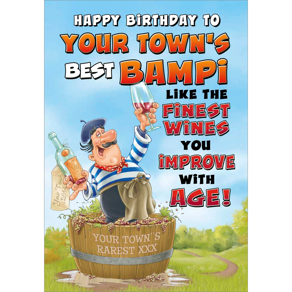 front of card showing a selection of different personalisations of this cartoon birthday card for a bampi
