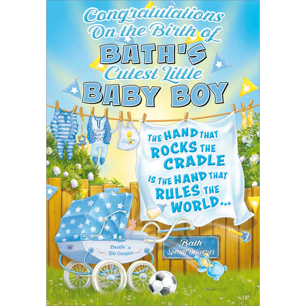front of card showing a selection of different personalisations of this cartoon new baby congratulations card for a boy