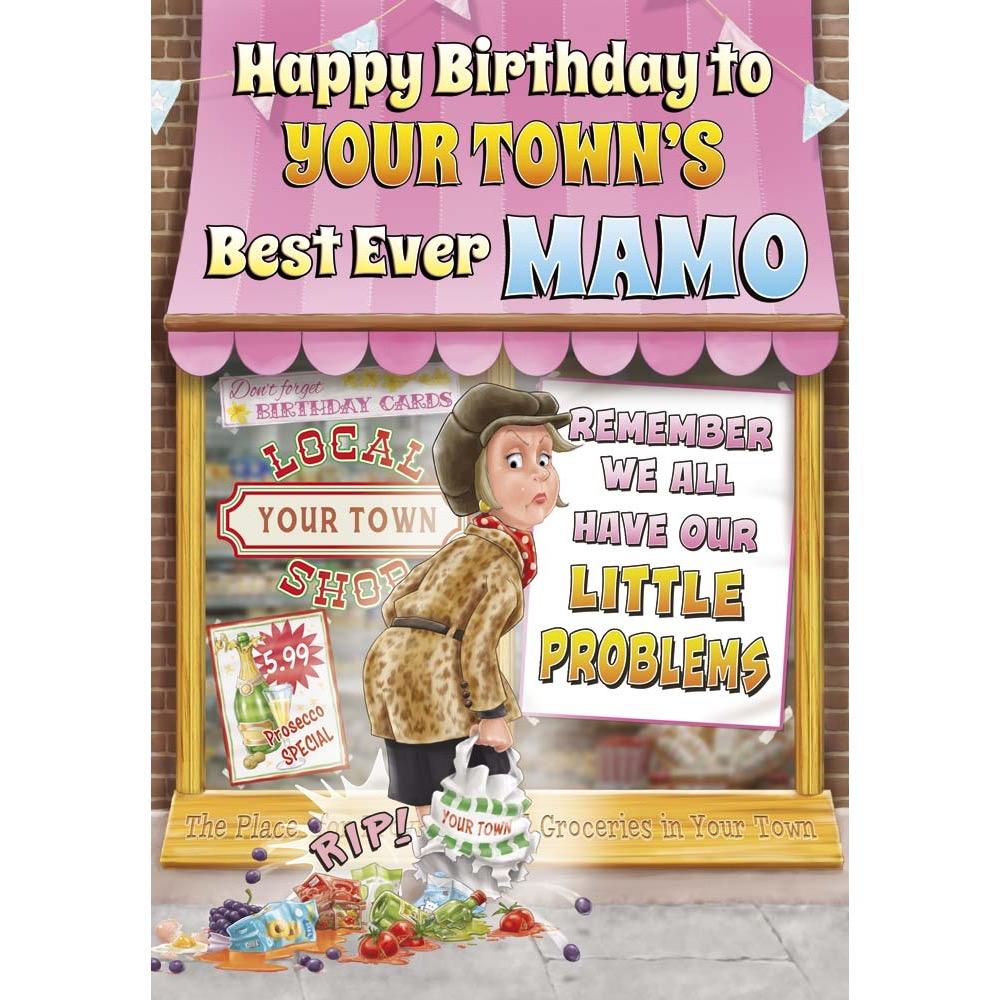 funny birthday card for a mamo with a colourful cartoon illustration
