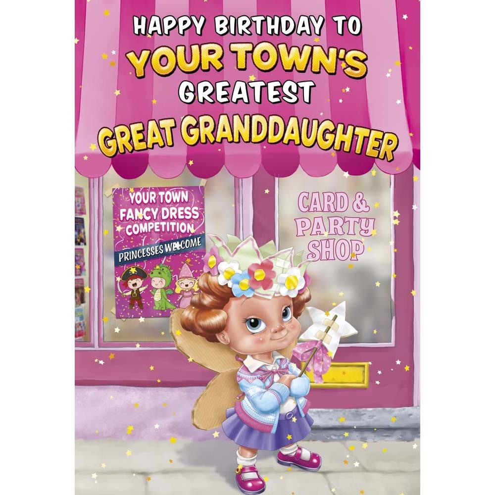 kids birthday card for a great granddaughter with a colourful great illustration