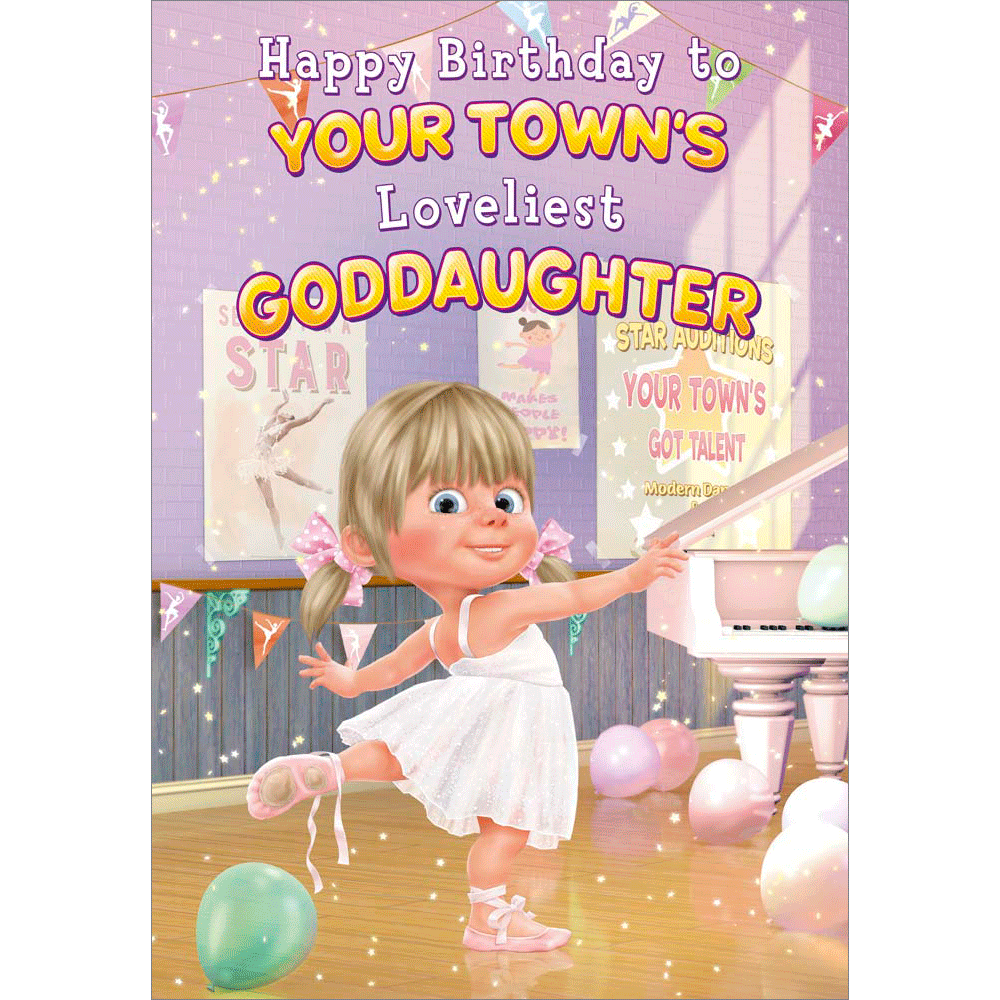 front of card showing a selection of different personalisations of this great birthday card for a goddaughter