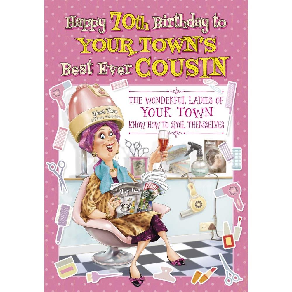 funny age 70 card for a cousin female with a colourful cartoon illustration