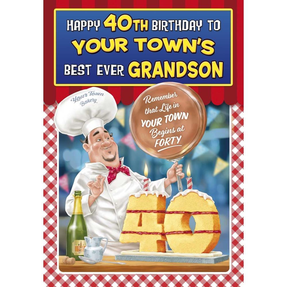 funny age 40 card for a grandson with a colourful cartoon illustration