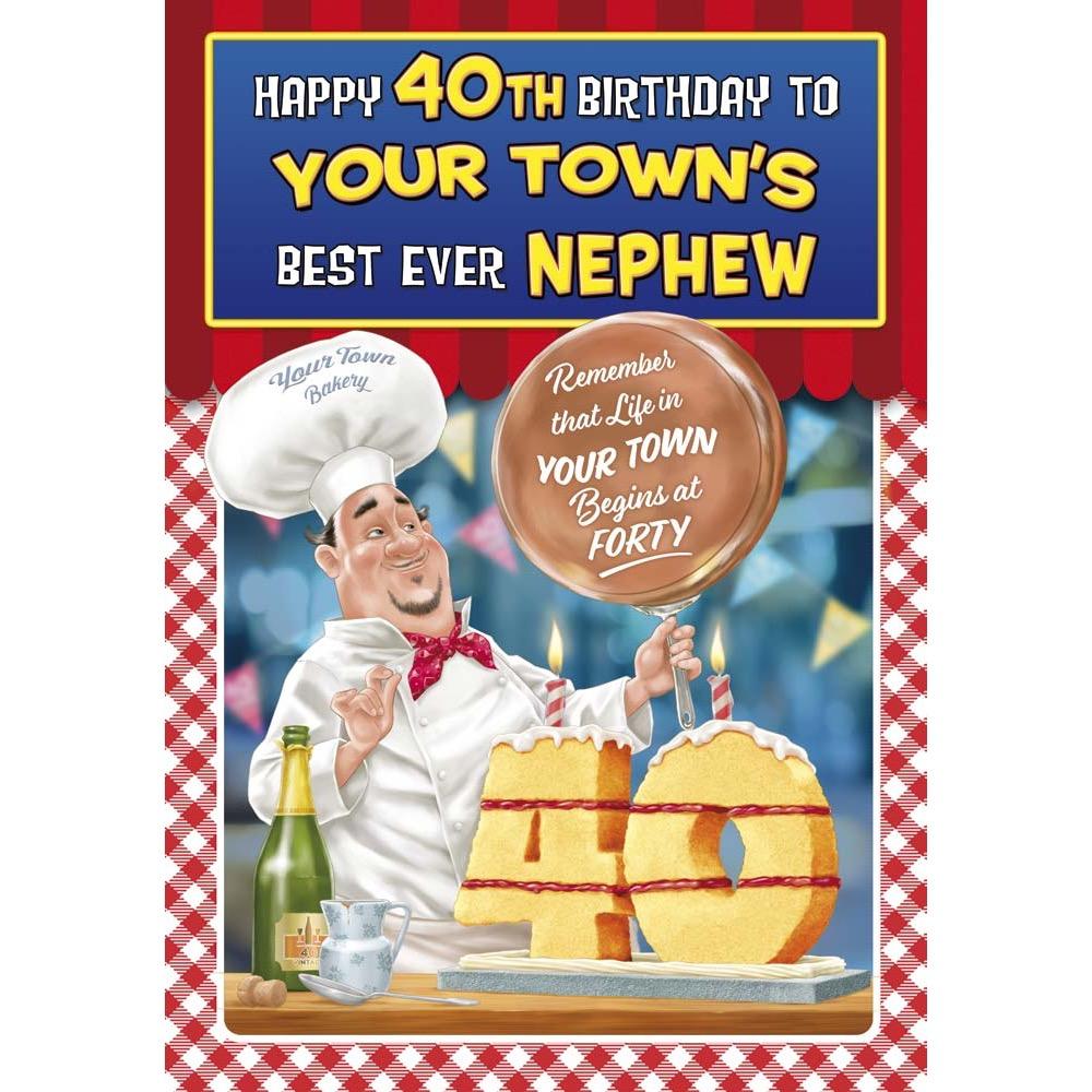 funny age 40 card for a nephew with a colourful cartoon illustration