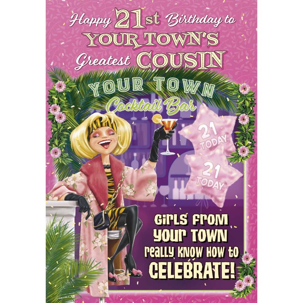 funny age 21 card for a cousin female with a colourful cartoon illustration