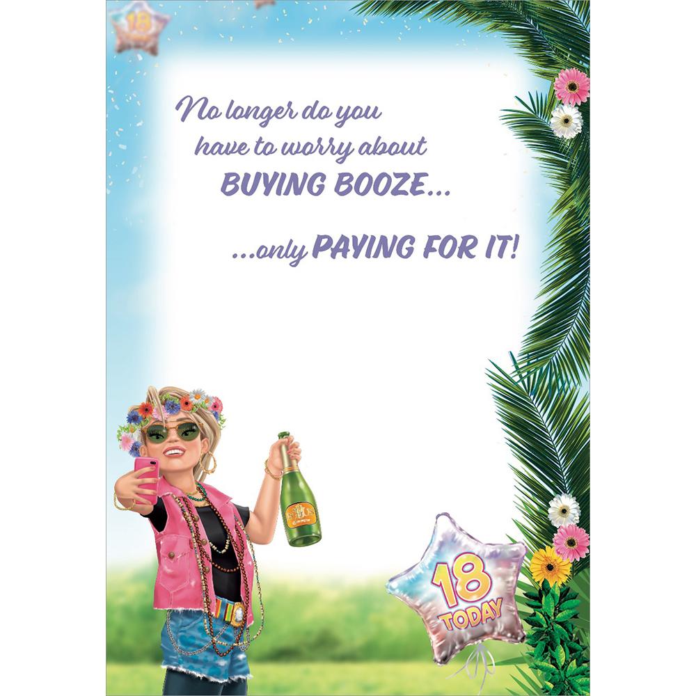 inside full colour cartoon illustration of age 18 card for a daughter