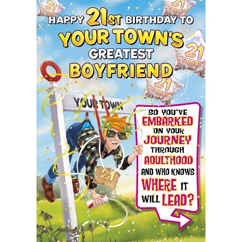 funny age 21 card for a boyfriend with a colourful cartoon illustration