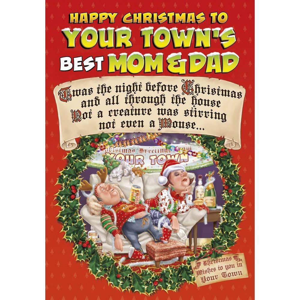 funny christmas card for a mom and dad with a colourful cartoon illustration