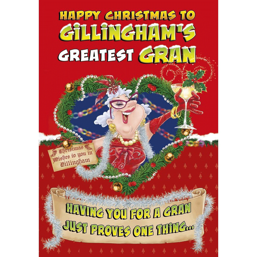 front of card showing a selection of different personalisations of this cartoon christmas card for a gran