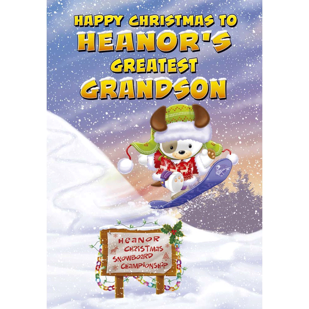 front of card showing a selection of different personalisations of this cartoon christmas card for a grandson