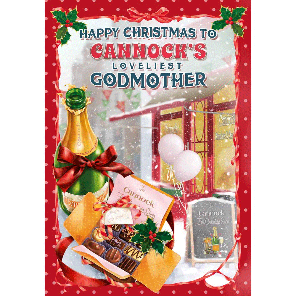 front of card showing a selection of different personalisations of this cartoon christmas card for a godmother