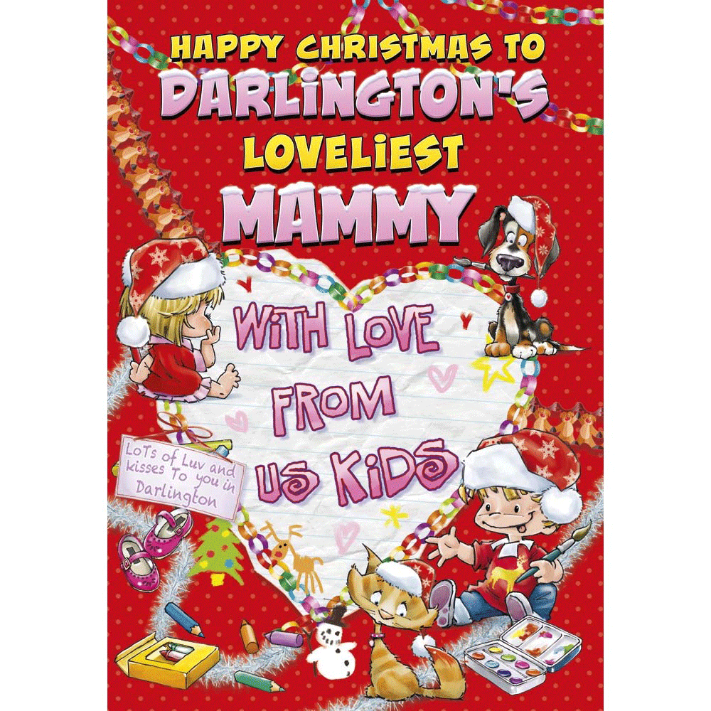 front of card showing a selection of different personalisations of this cartoon christmas card for a mammy
