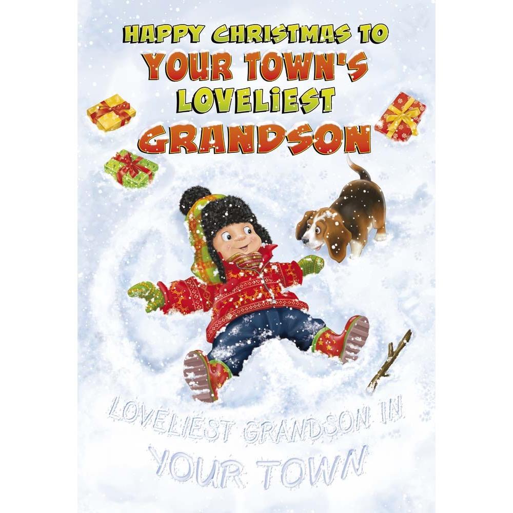 funny christmas card for a grandson with a colourful cartoon illustration