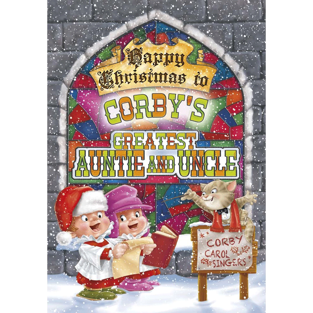front of card showing a selection of different personalisations of this cartoon christmas card for a auntie and uncle