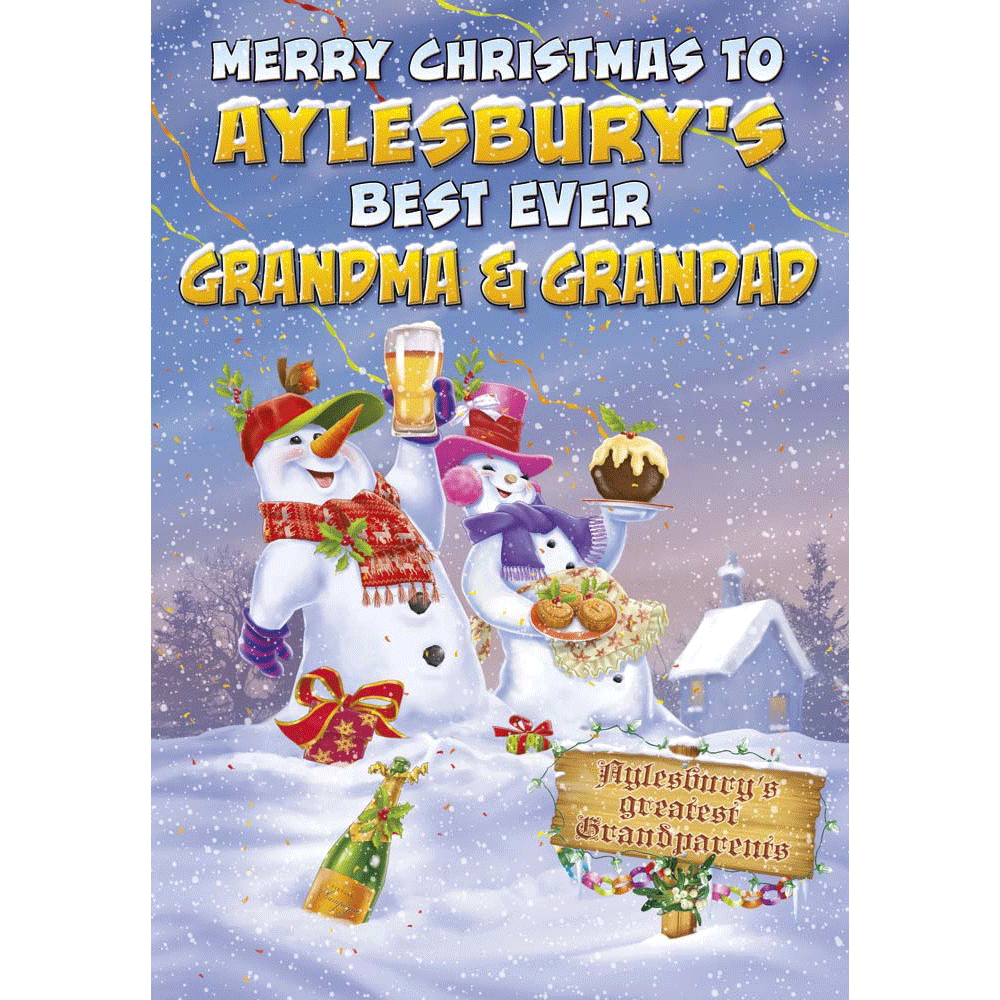 front of card showing a selection of different personalisations of this cartoon christmas card for a grandma and gdad