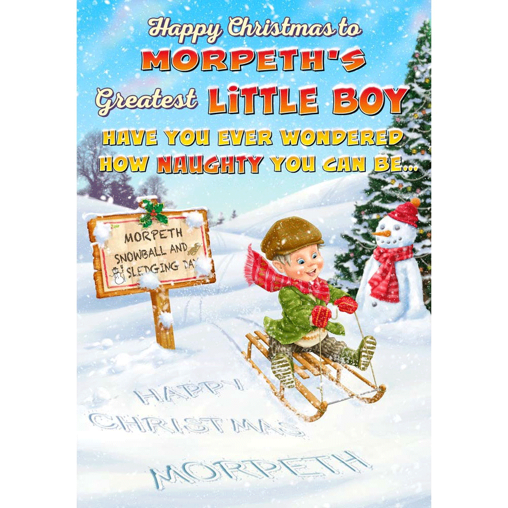 front of card showing a selection of different personalisations of this cartoon christmas card for a boy