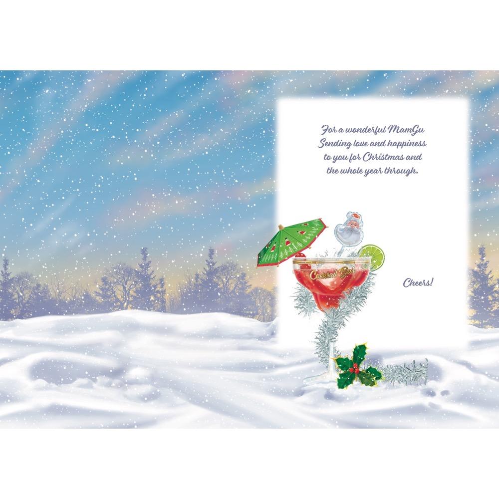 inside full colour cartoon illustration of christmas card for a mamgu