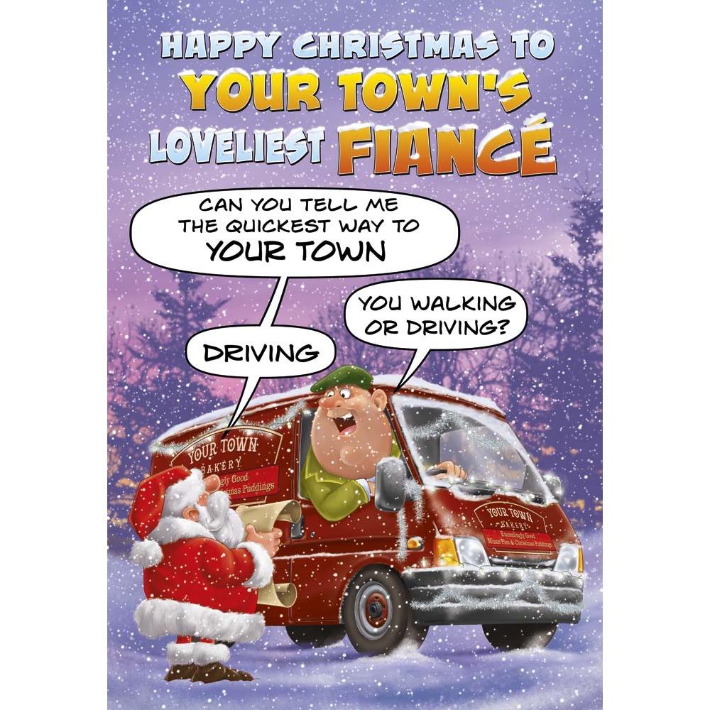 funny christmas card for a fiancé with a colourful cartoon illustration
