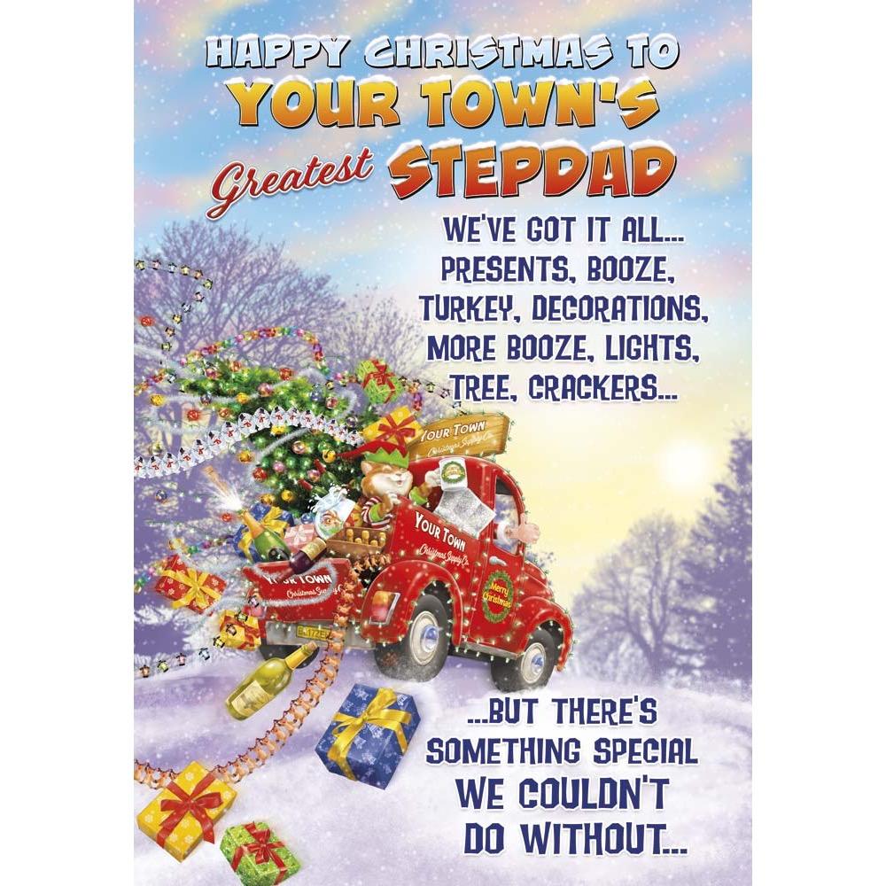 funny christmas card for a stepdad with a colourful cartoon illustration