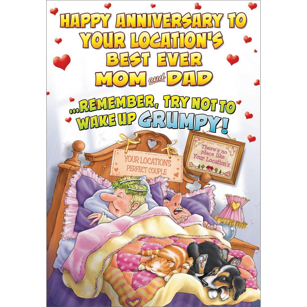 anniversary greeting card featuring humour illustration for a mom and dad from the up your street range