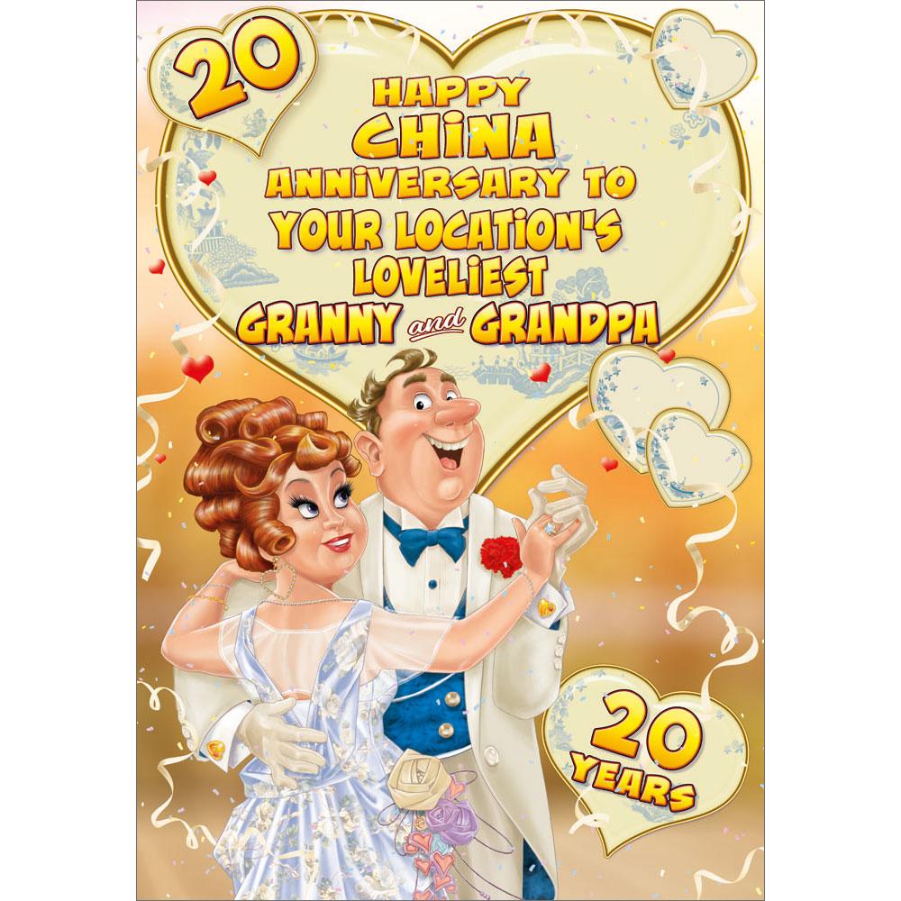 20th (china) anniversary greeting card featuring humour illustration for a granny and grandpa from the up your street range