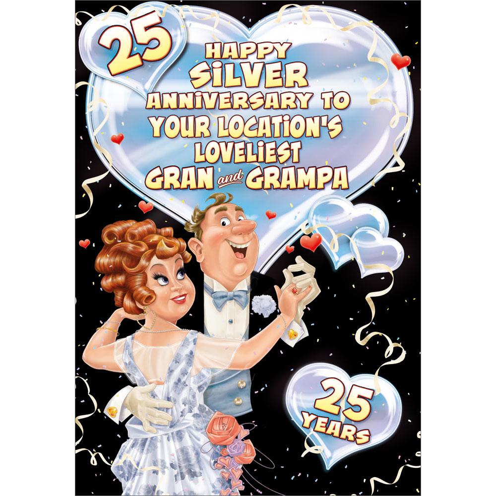 25th (silver) anniversary greeting card featuring humour illustration for a gran and grampa from the up your street range