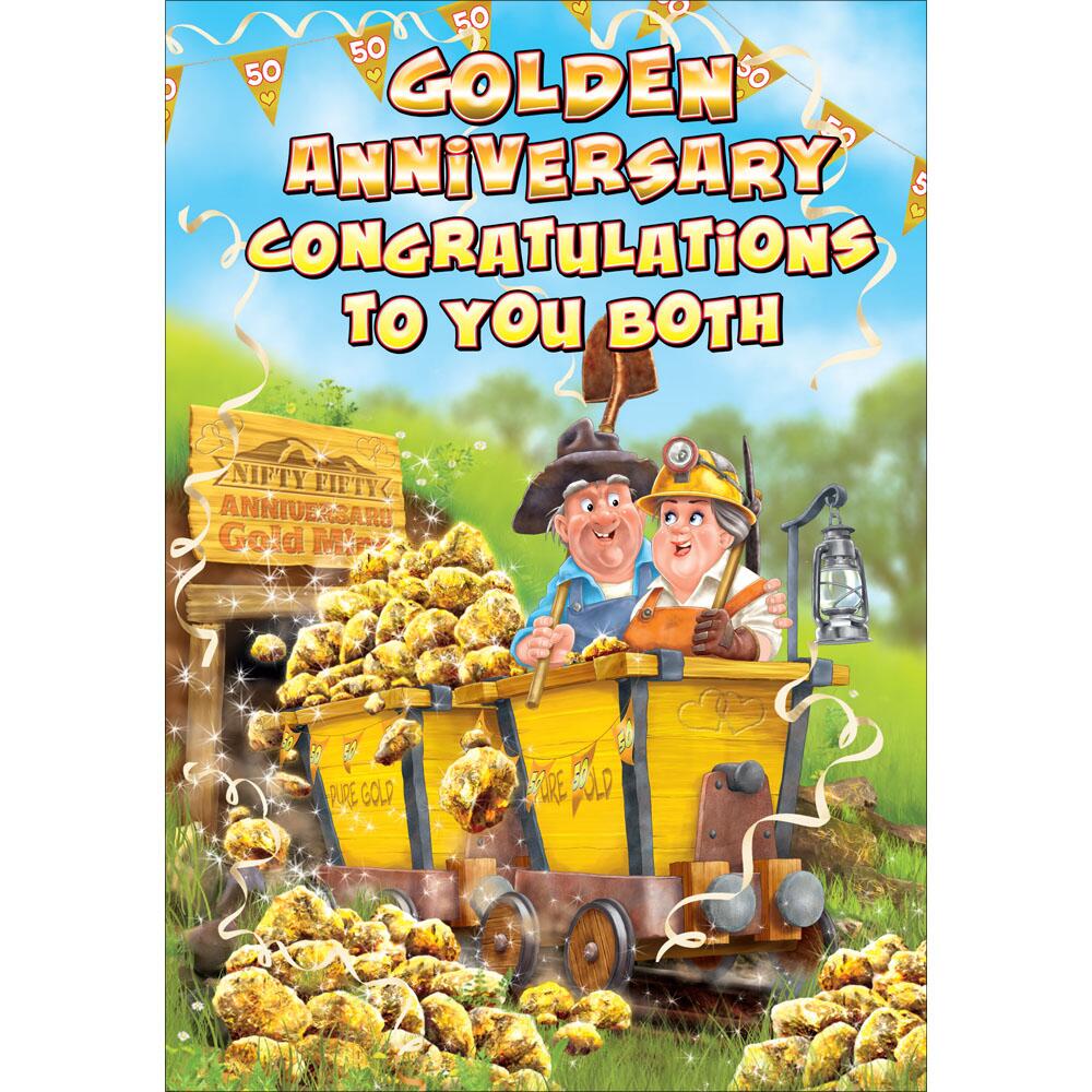 50th (golden) anniversary greeting card featuring humour illustration for a couple from the up your street range